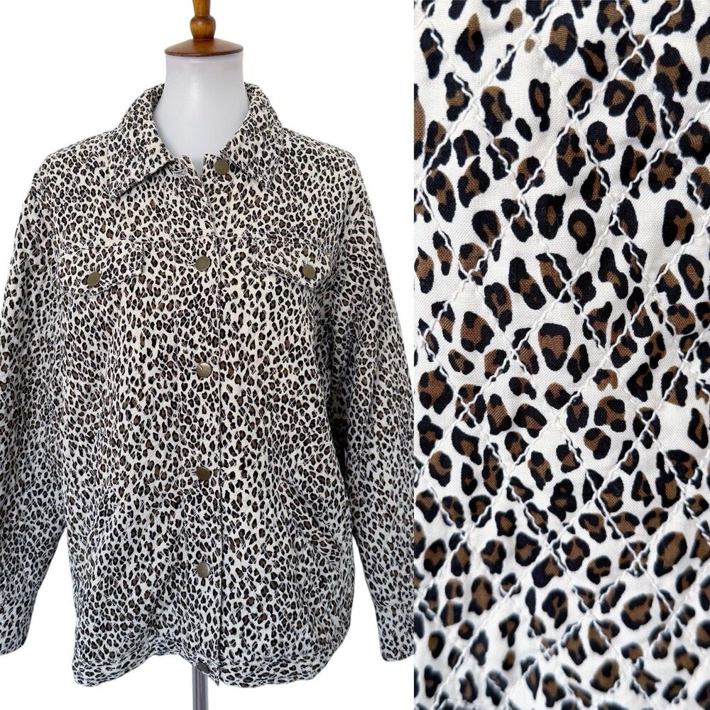 Women's Coldwater Creek Quilted Jacket Sz 1X Leopard Print Silk Button Pockets